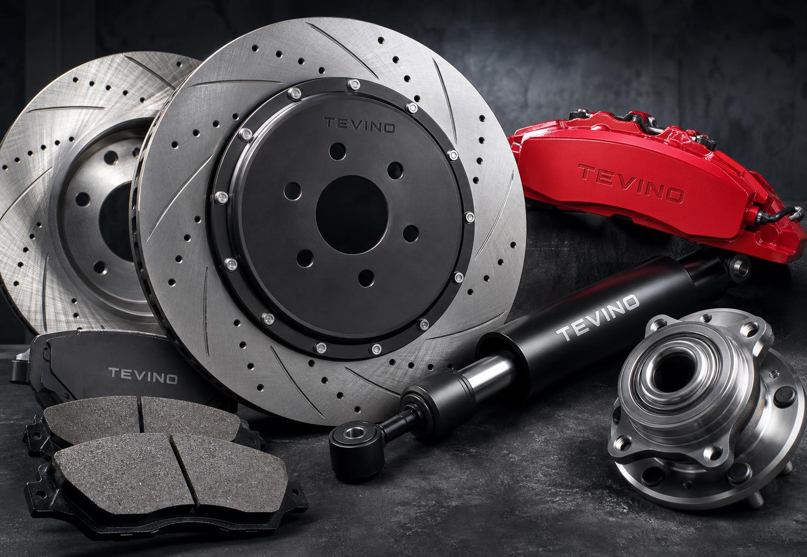 TEVINO branded brake discs, caliper, brake pads, shock absorber and wheel hub assembly