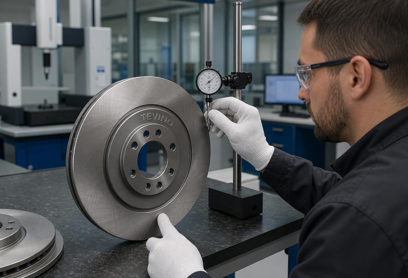 Technician inspecting a TEVINO branded brake disc with a dial gauge